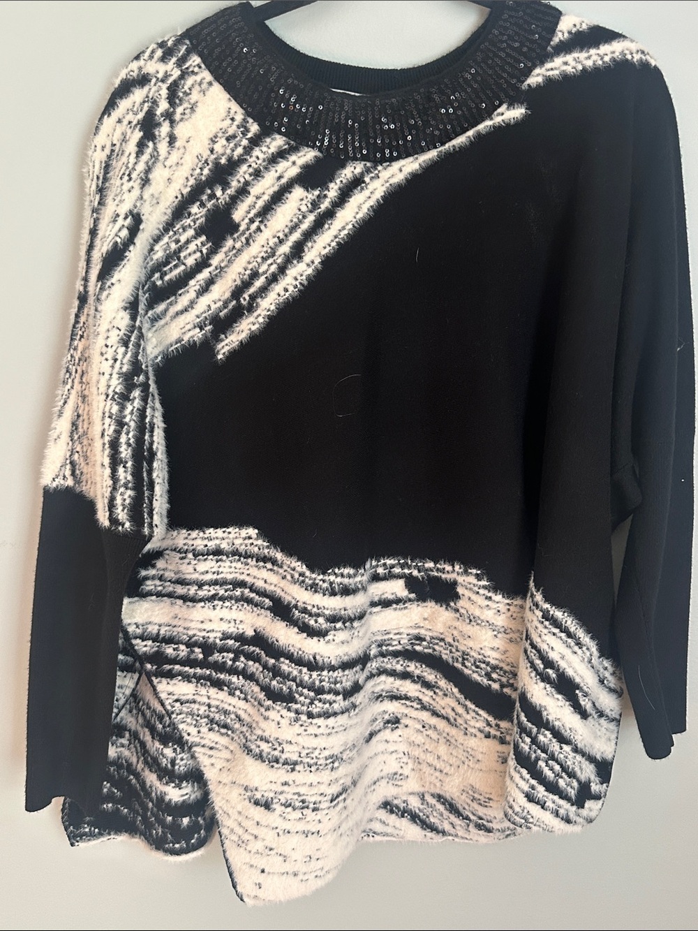Chico's Black & White Wave-Print Women’s Sweater with Embellished Neckline